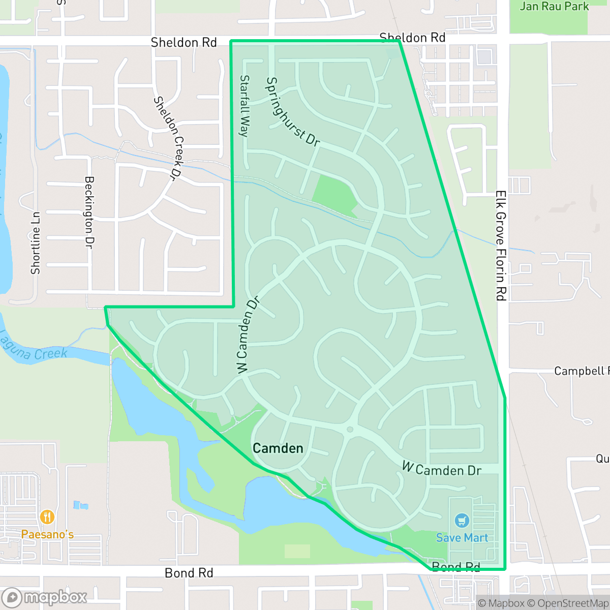Map showing the location of Camden, Elk Grove, CA