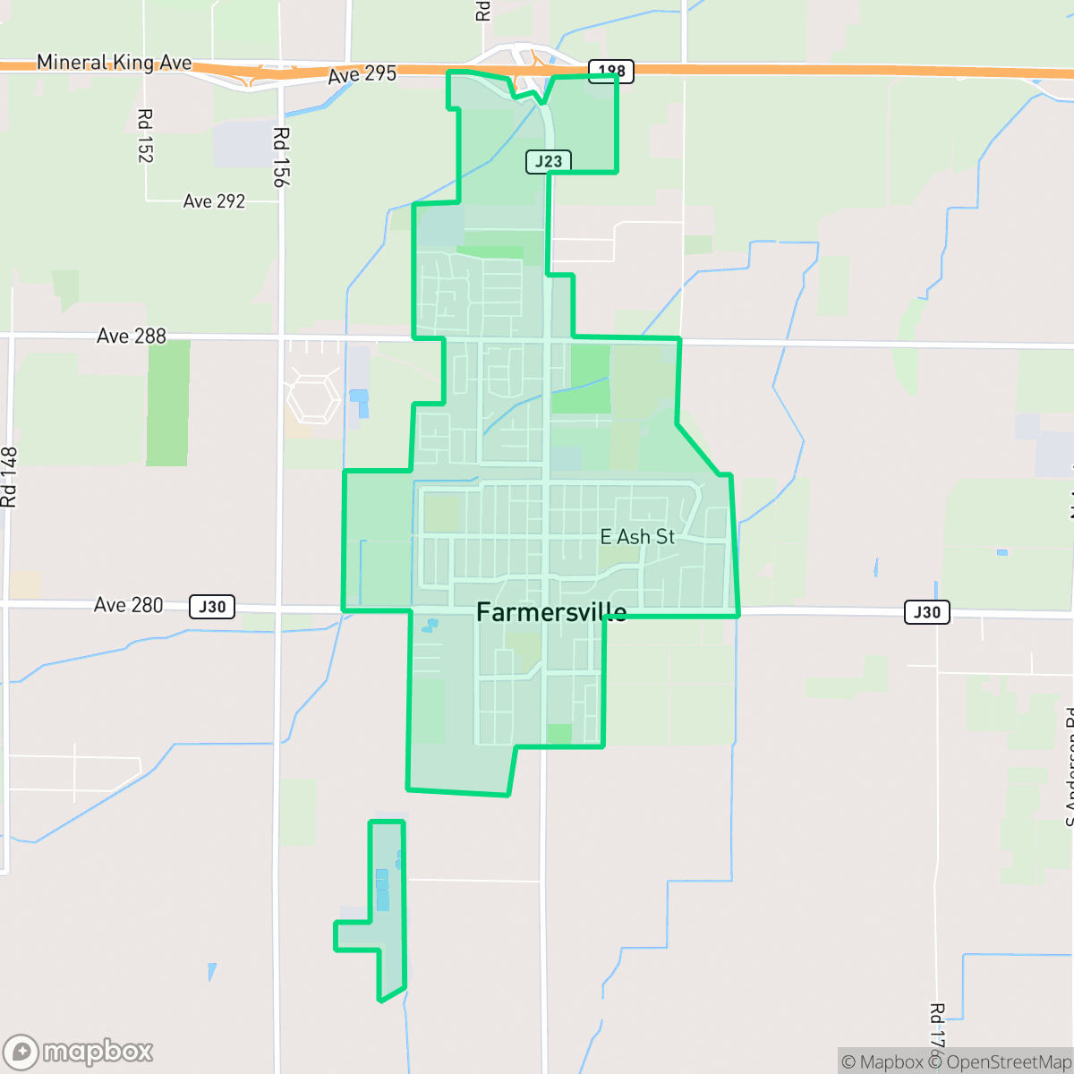 Map showing the location of Farmersville, CA — coverage area