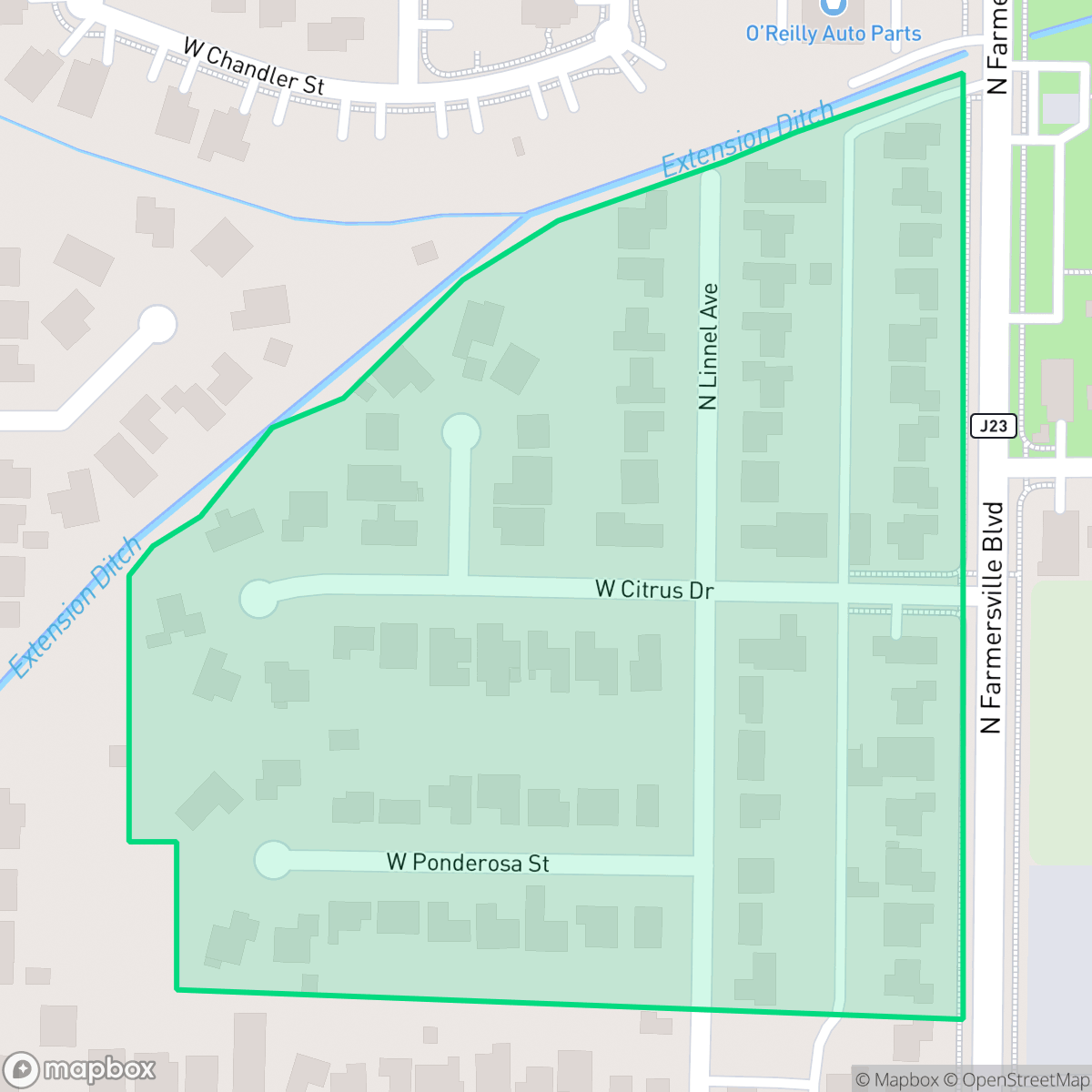 Map showing the location of Citrus Gardens, Farmersville, CA