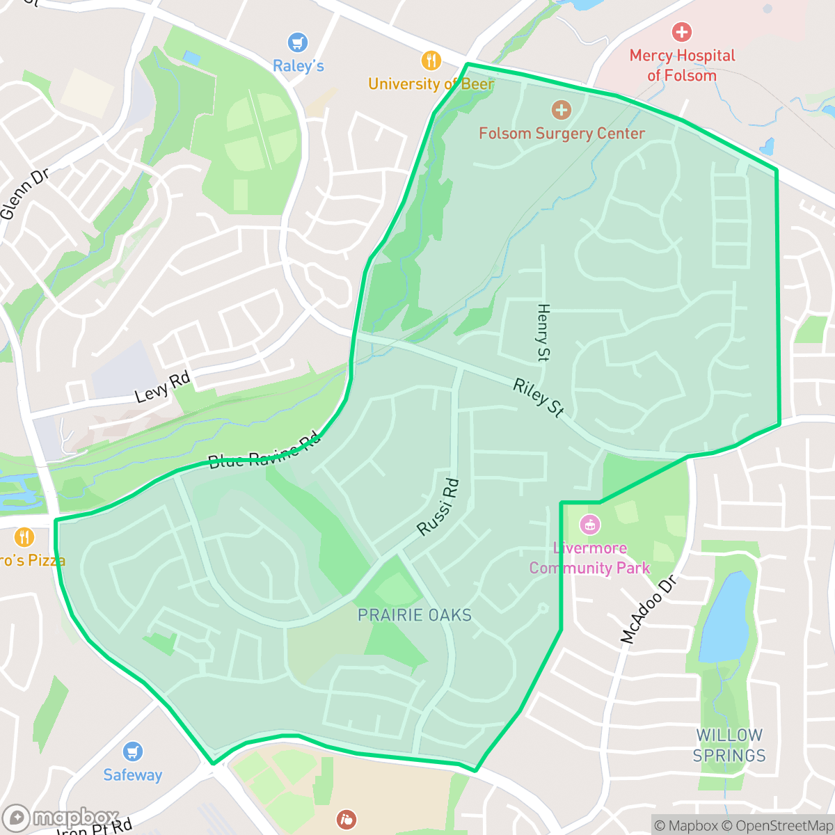 Map showing the location of Prairie Oaks, Folsom, CA
