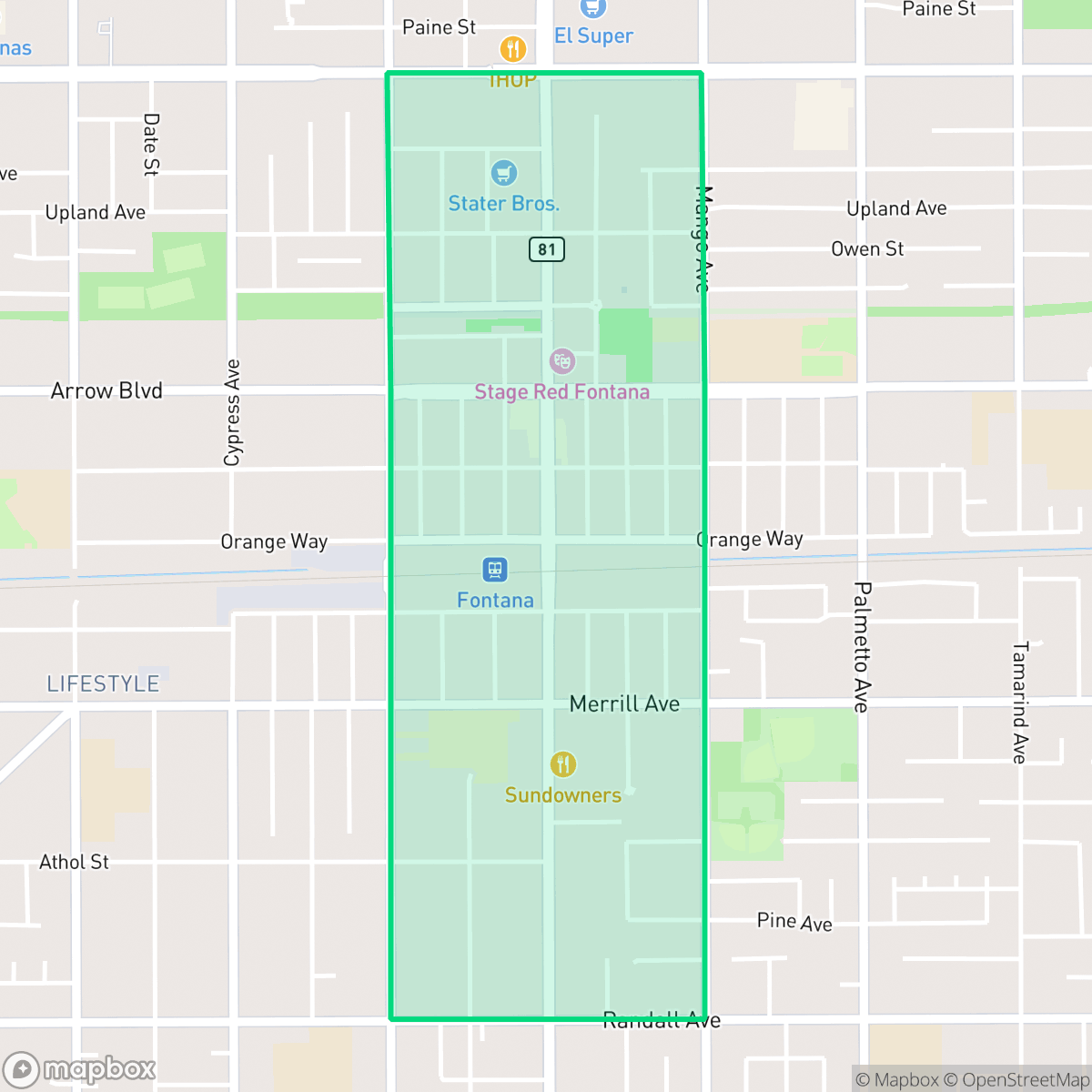 Map showing the location of Downtown Fontana, Fontana, CA