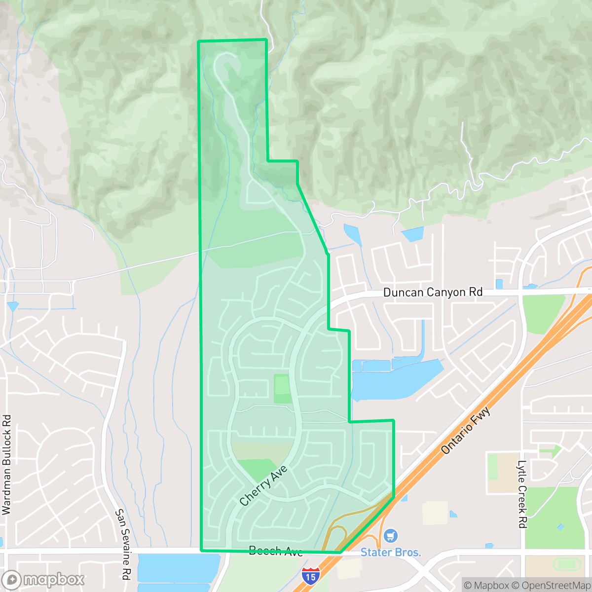 Map showing the location of Hunters Ridge, Fontana, CA