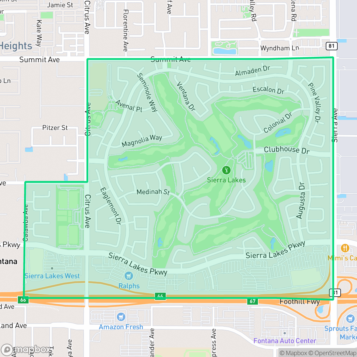 Map showing the location of Sierra Lakes, Fontana, CA
