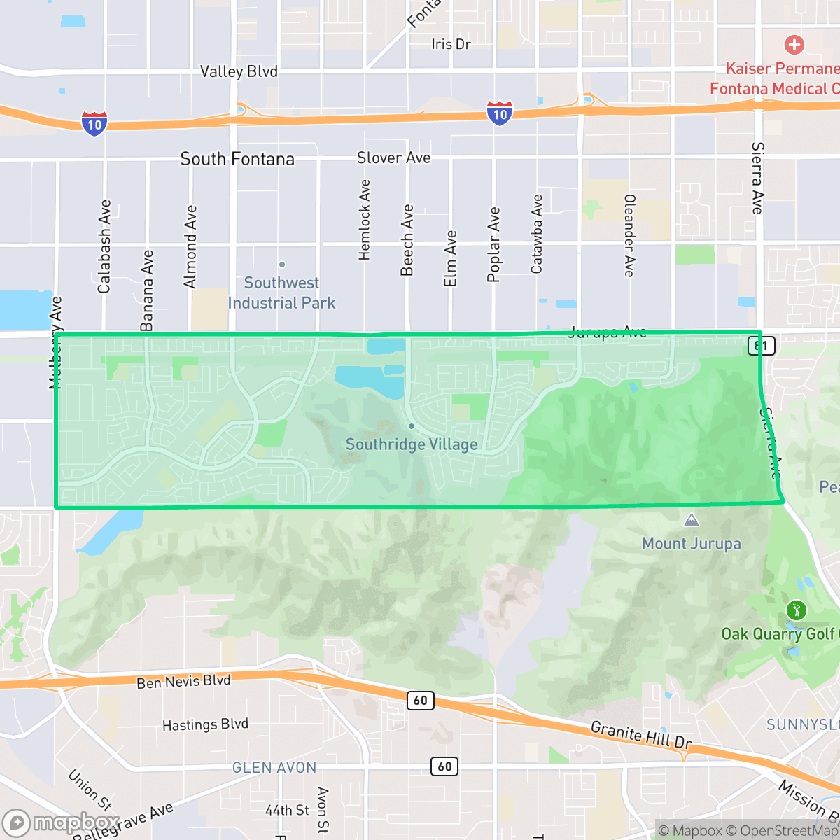 Map showing the location of Southridge Village, Fontana, CA
