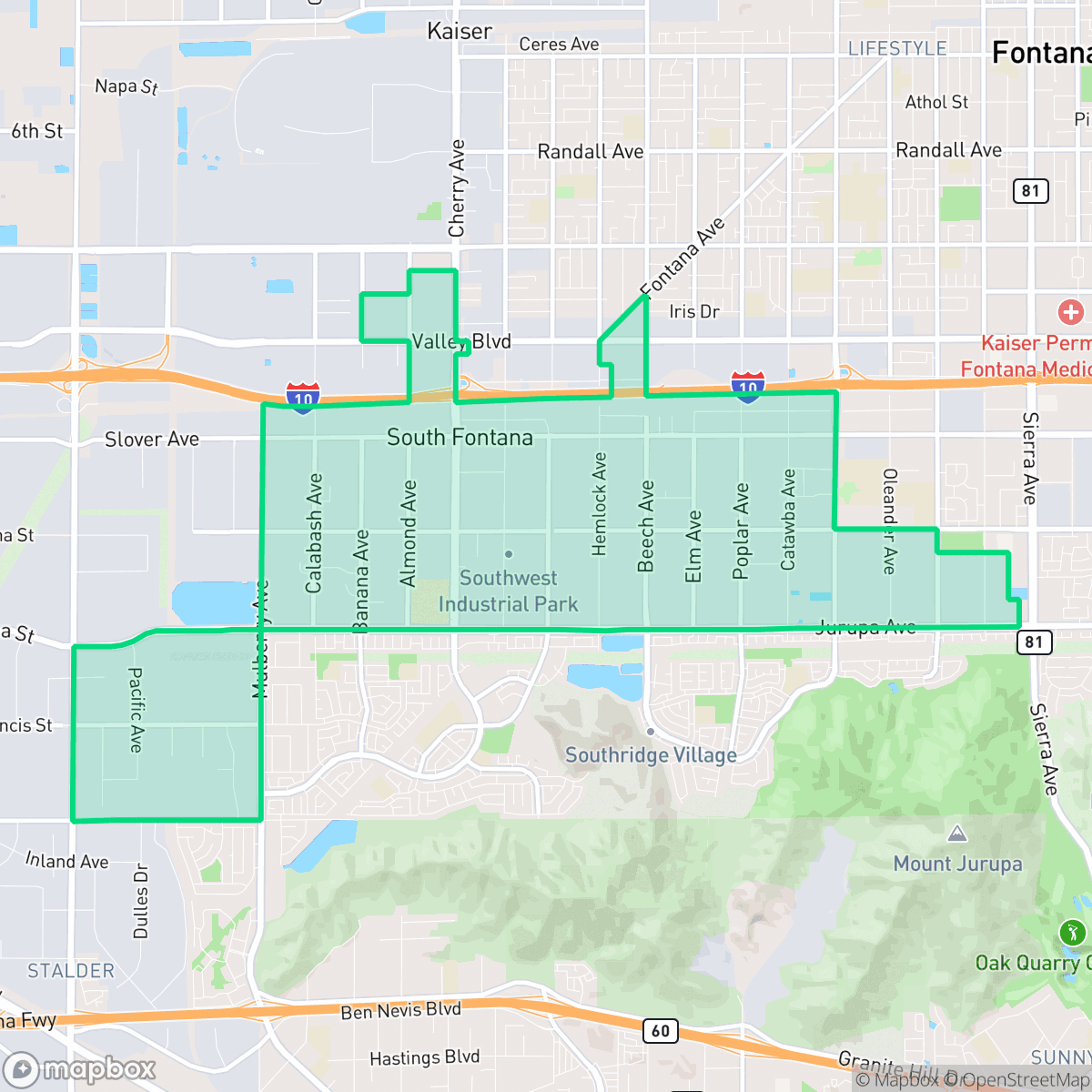 Map showing the location of Southwest Industrial Park, Fontana, CA
