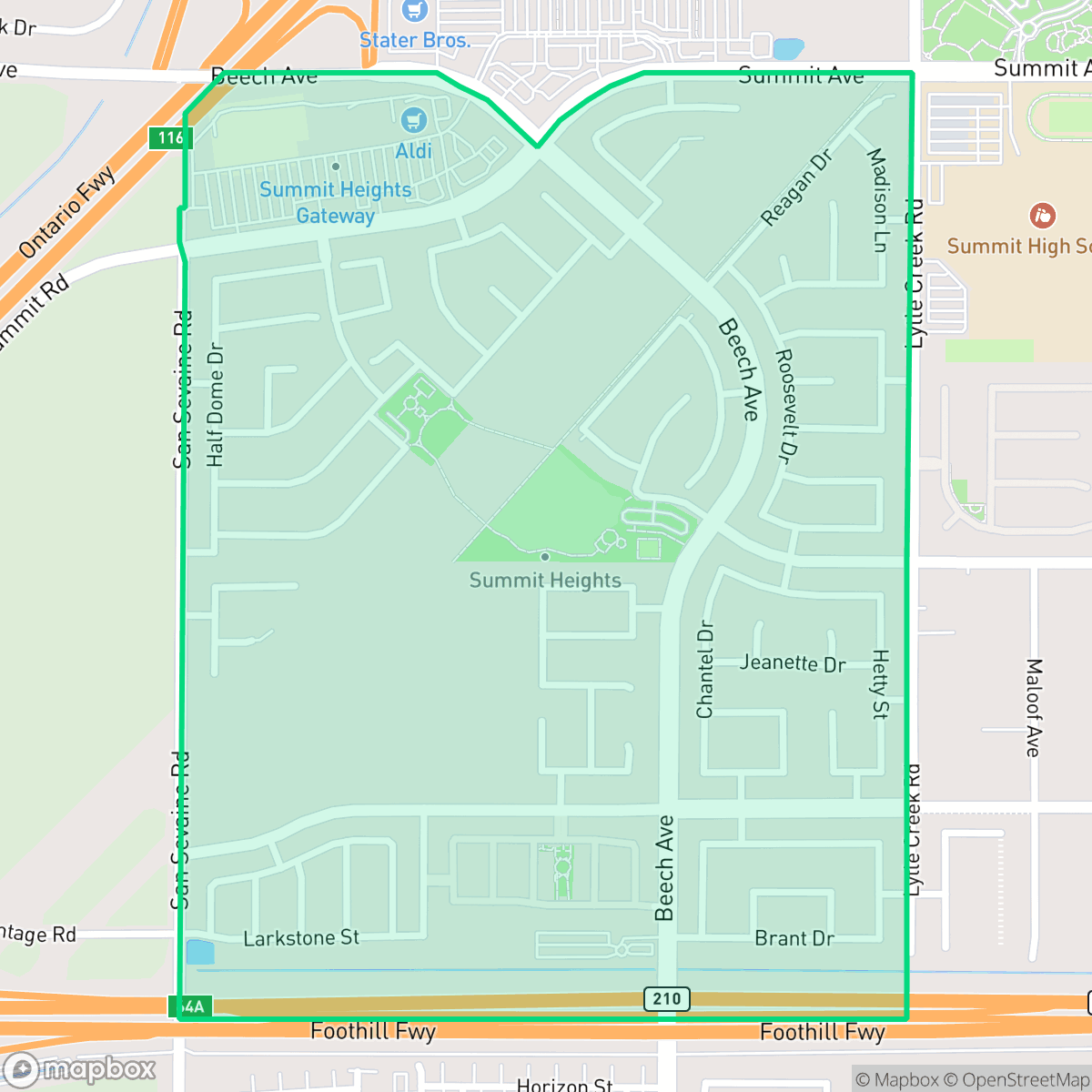 Map showing the location of Summit Heights, Fontana, CA