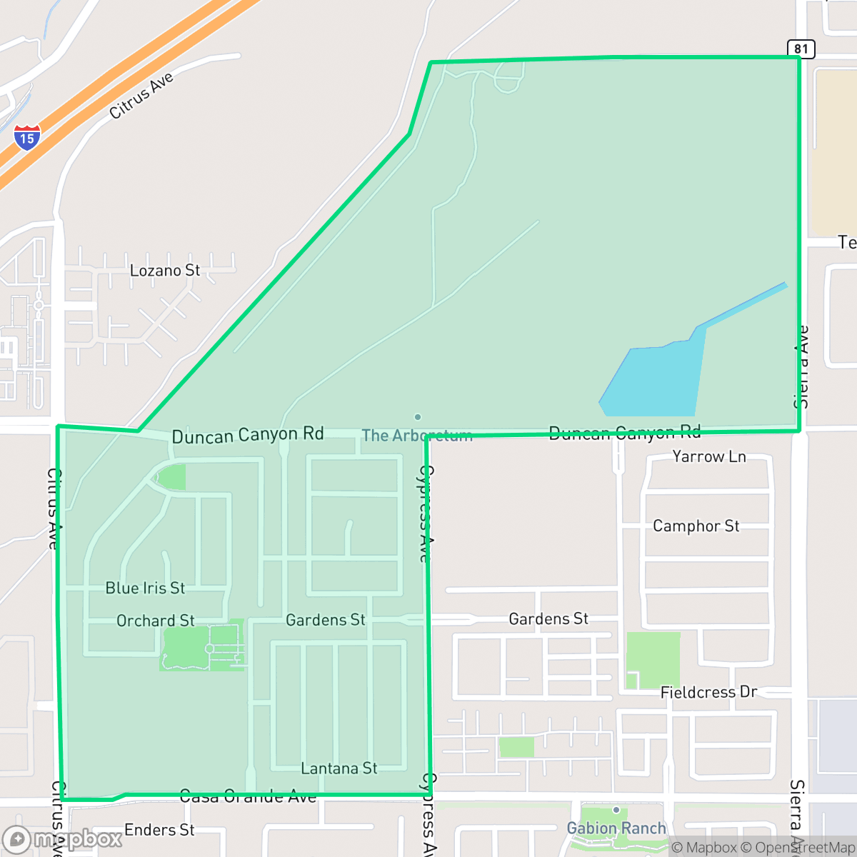 Map showing the location of The Arboretum, Fontana, CA