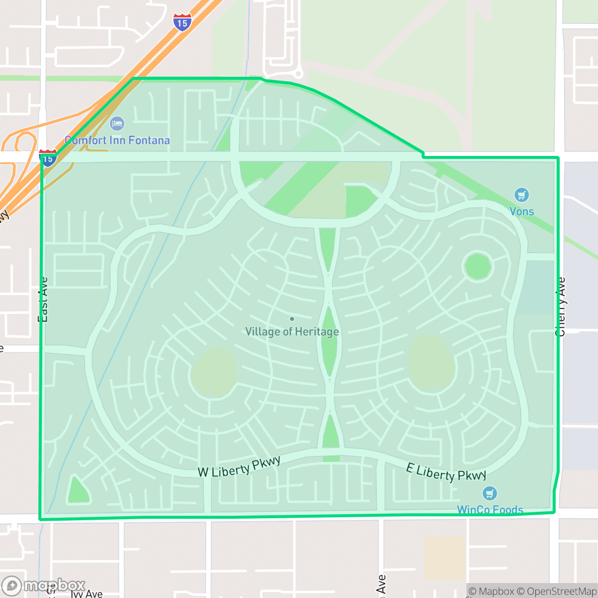 Map showing the location of Village of Heritage, Fontana, CA