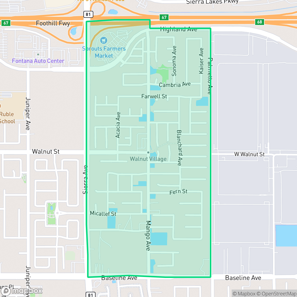 Map showing the location of Walnut Village, Fontana, CA
