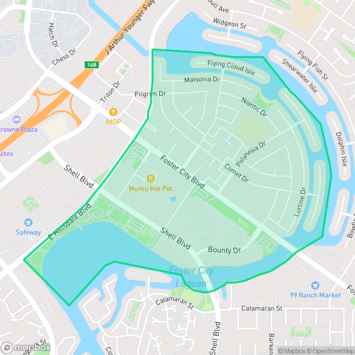 Map showing the location of Famous Ships, Foster City, CA