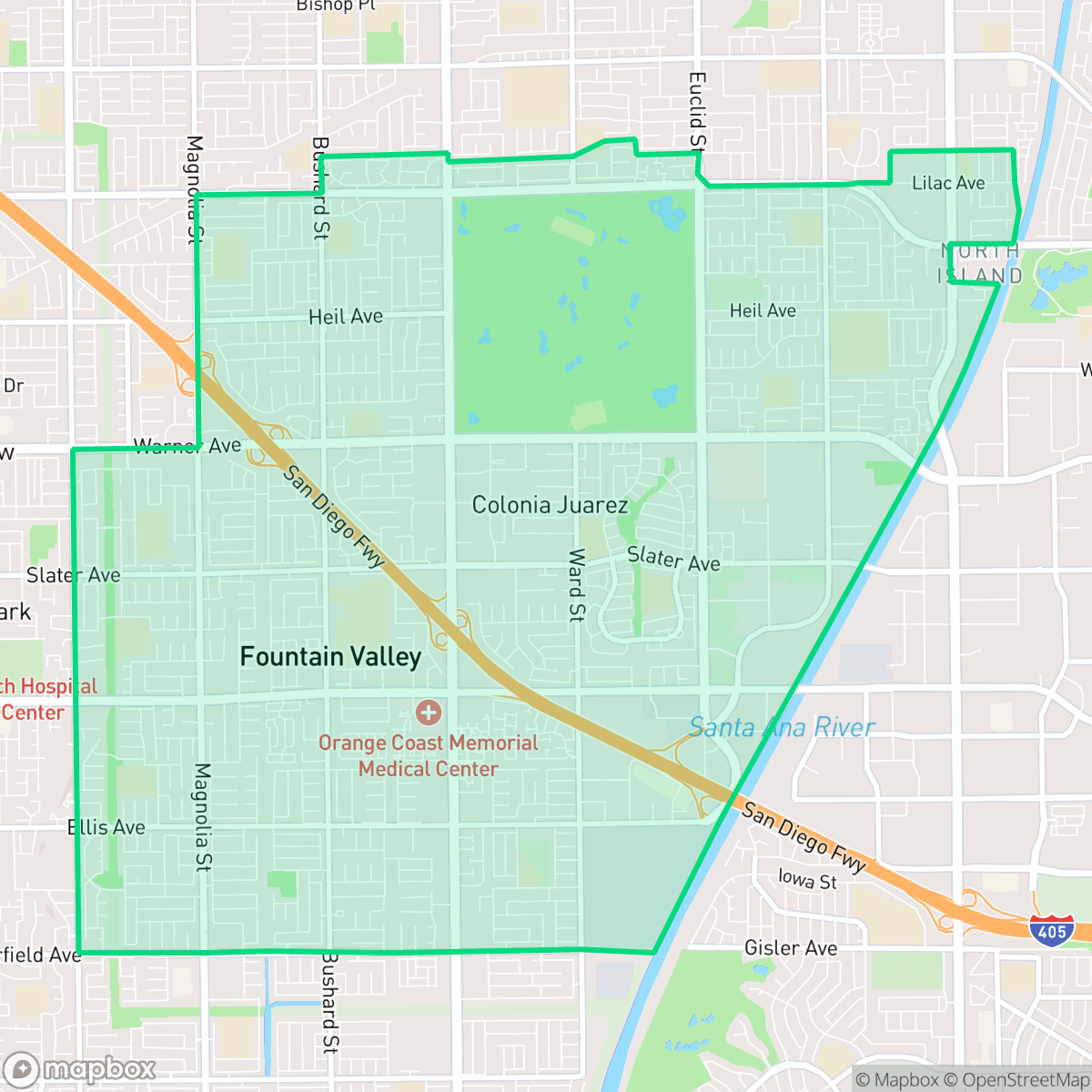 Map showing the location of Fountain Valley, CA — coverage area