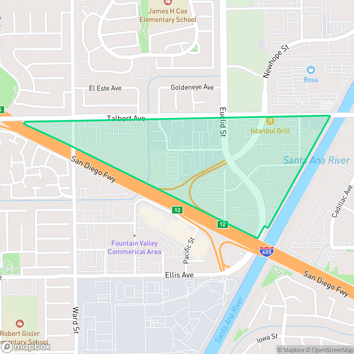 Map showing the location of Fountain Valley Commercial Area, Fountain Valley, CA