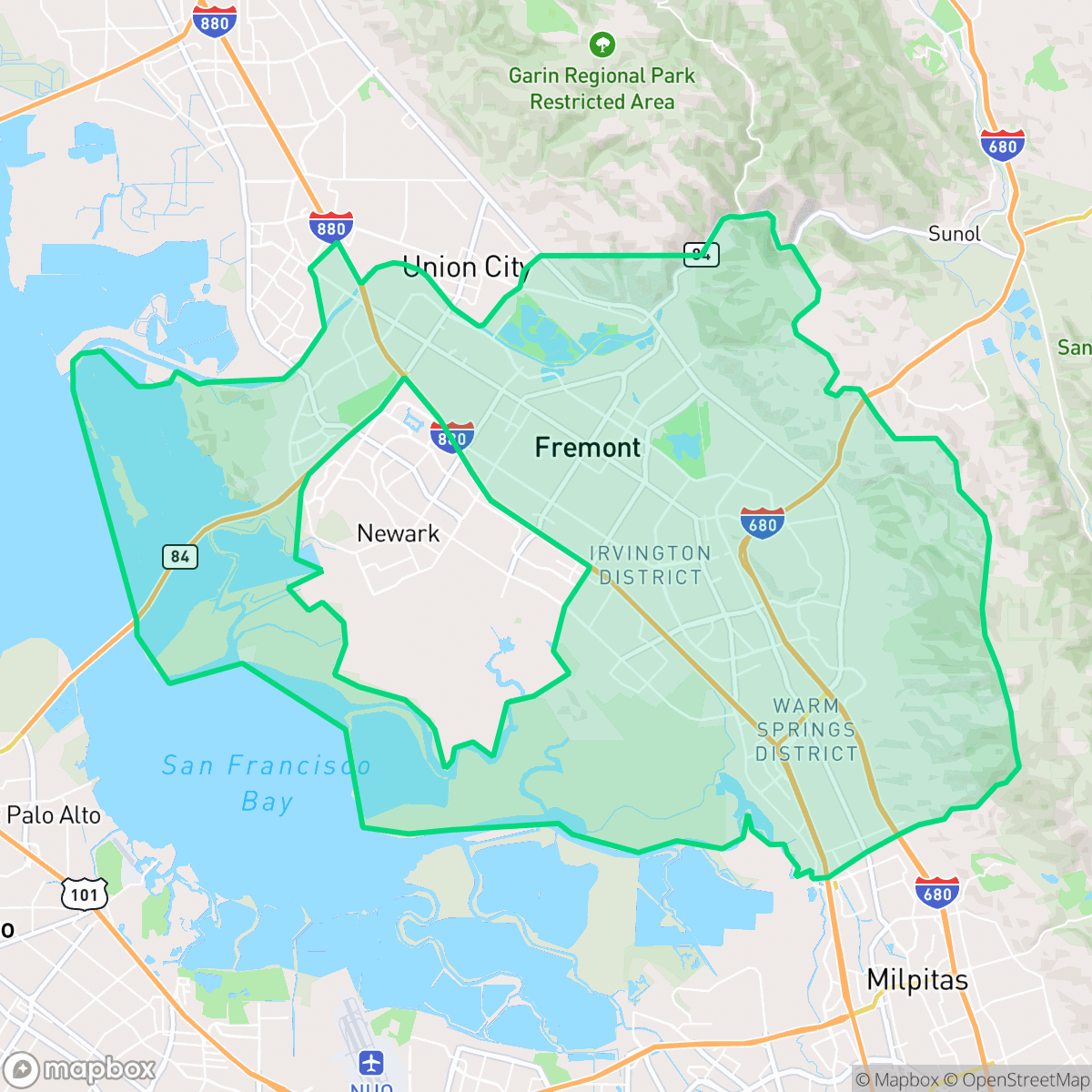 Map showing the location of Fremont, CA — coverage area