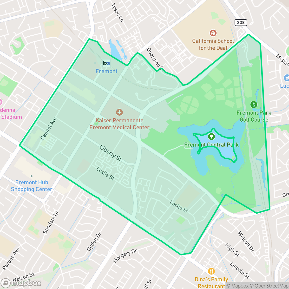 Map showing the location of Downtown, Fremont, CA