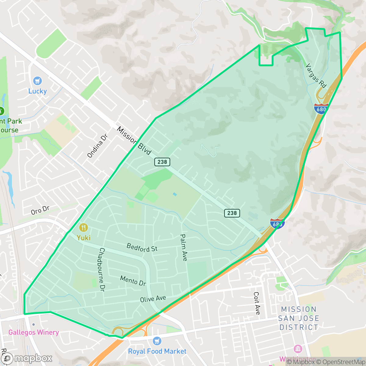 Map showing the location of Mission Valley, Fremont, CA