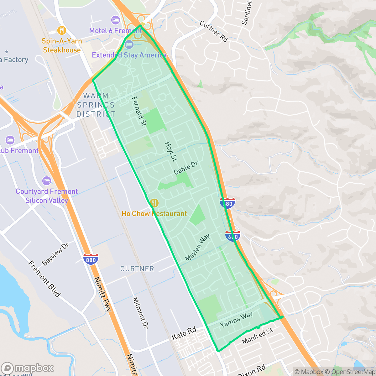 Map showing the location of Warm Springs, Fremont, CA