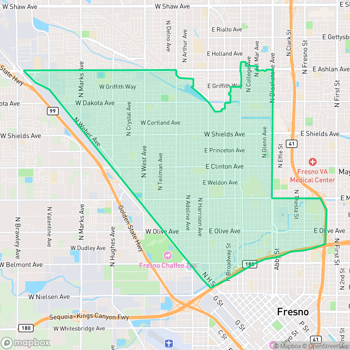 Map showing the location of Fresno High Roeding, Fresno, CA