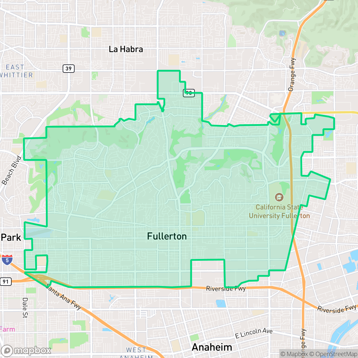 Map showing the location of Fullerton, CA — coverage area