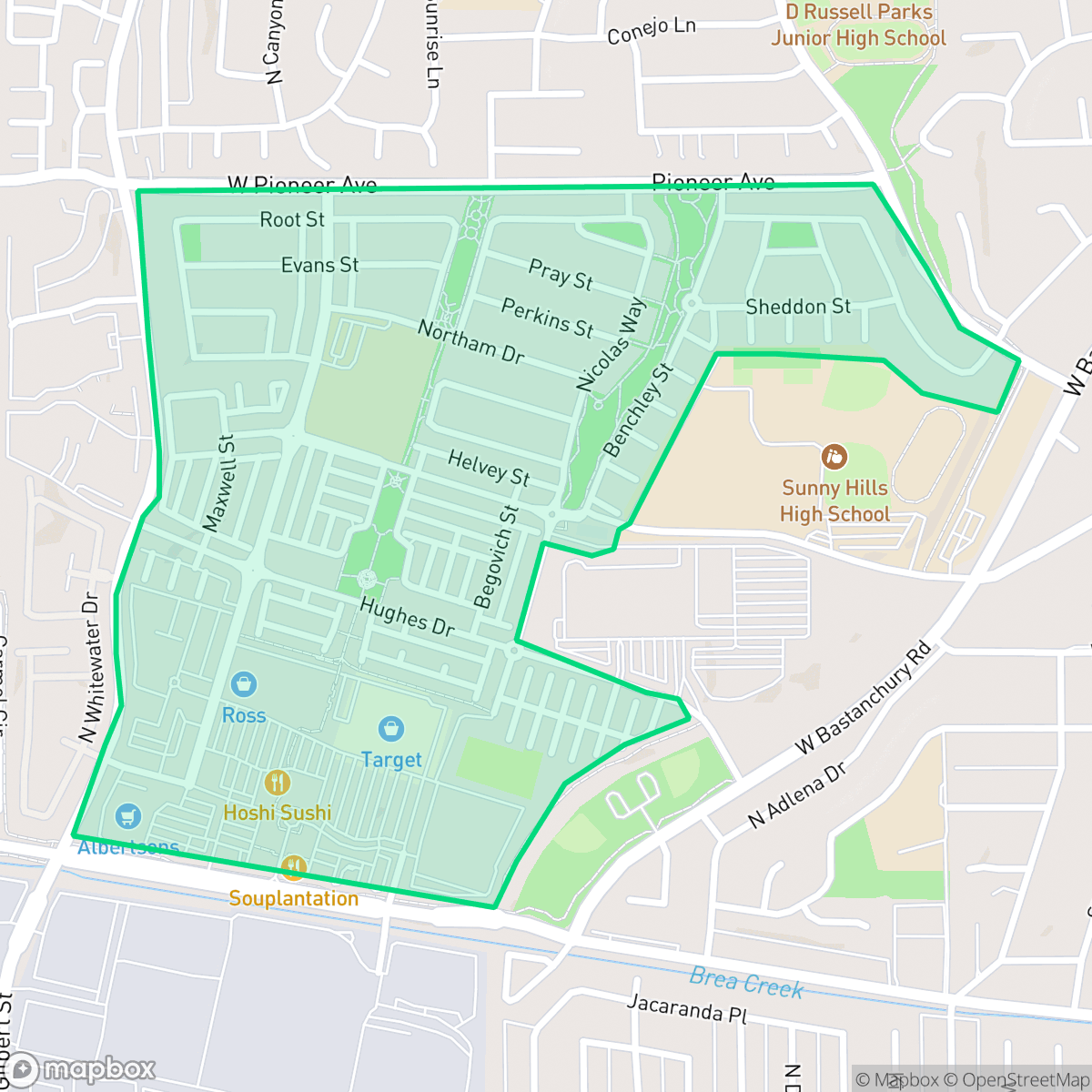 Map showing the location of Amerige Heights, Fullerton, CA