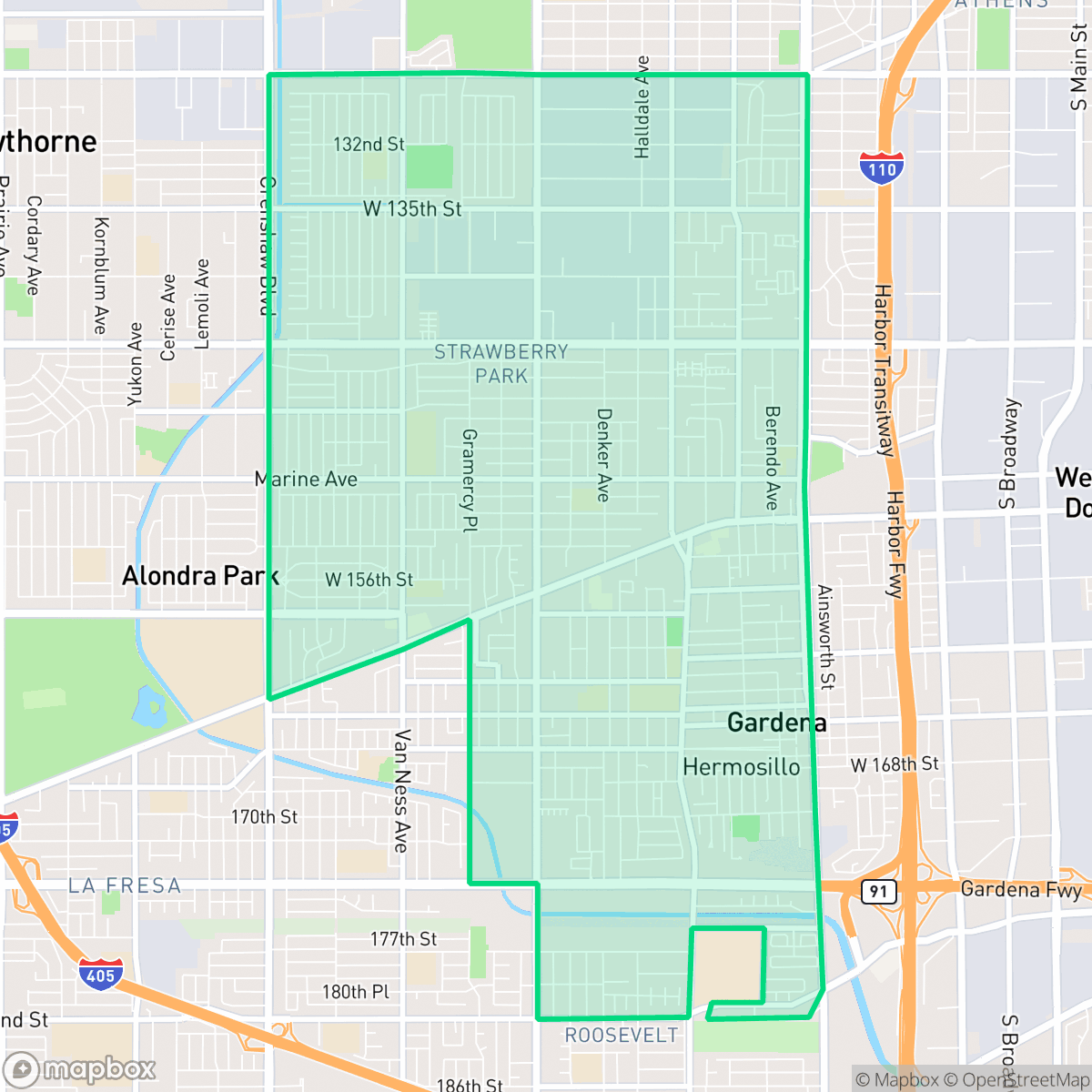 Map showing the location of Gardena, CA — coverage area
