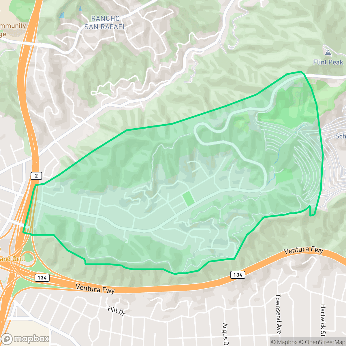 Map showing the location of Glenoaks Canyon, Glendale, CA