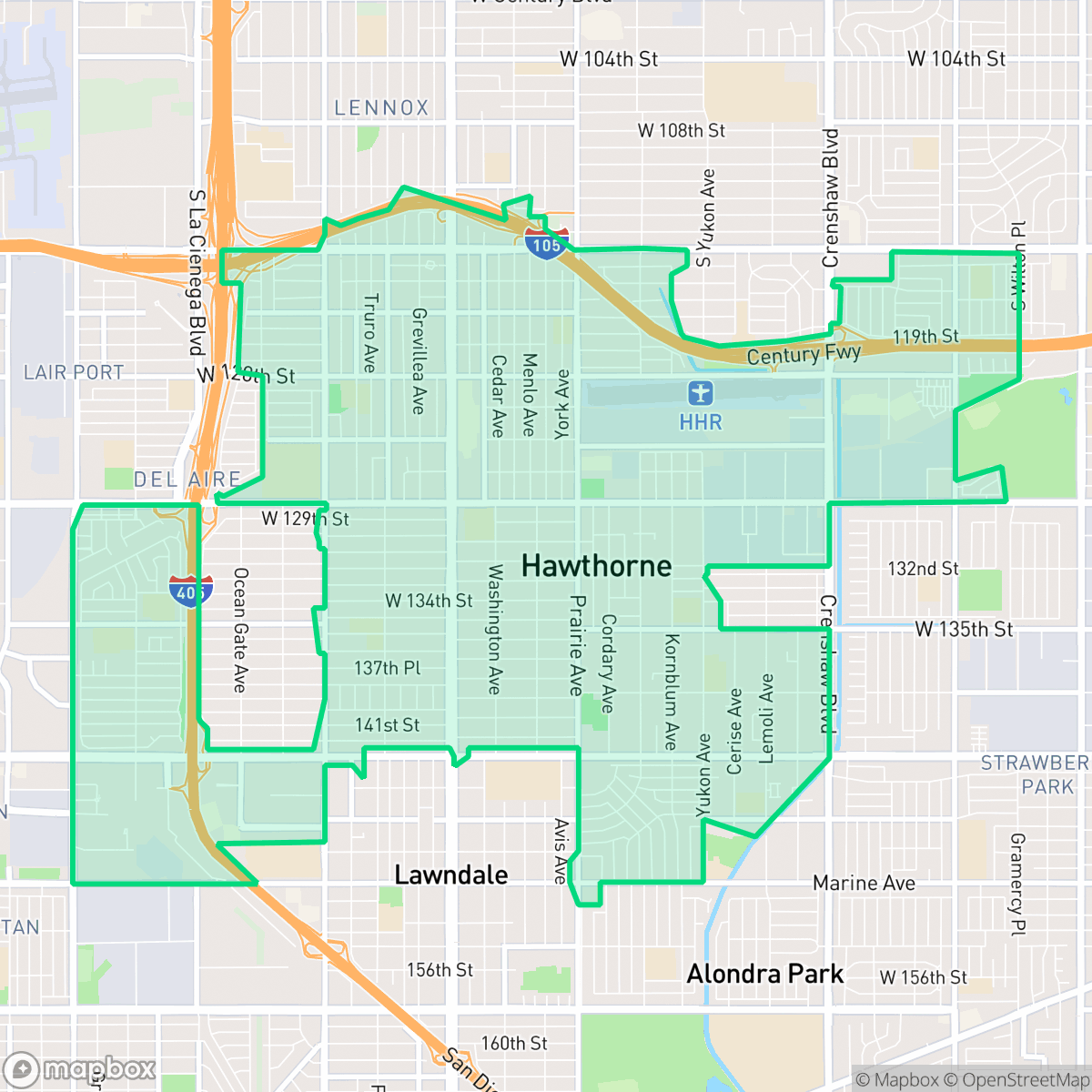 Map showing the location of Hawthorne, CA — coverage area