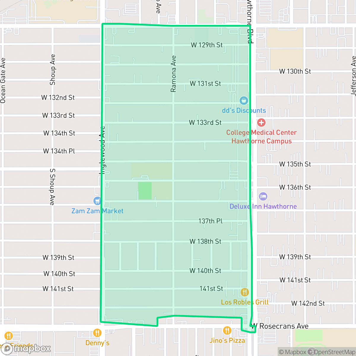 Map showing the location of Ramona, Hawthorne, CA