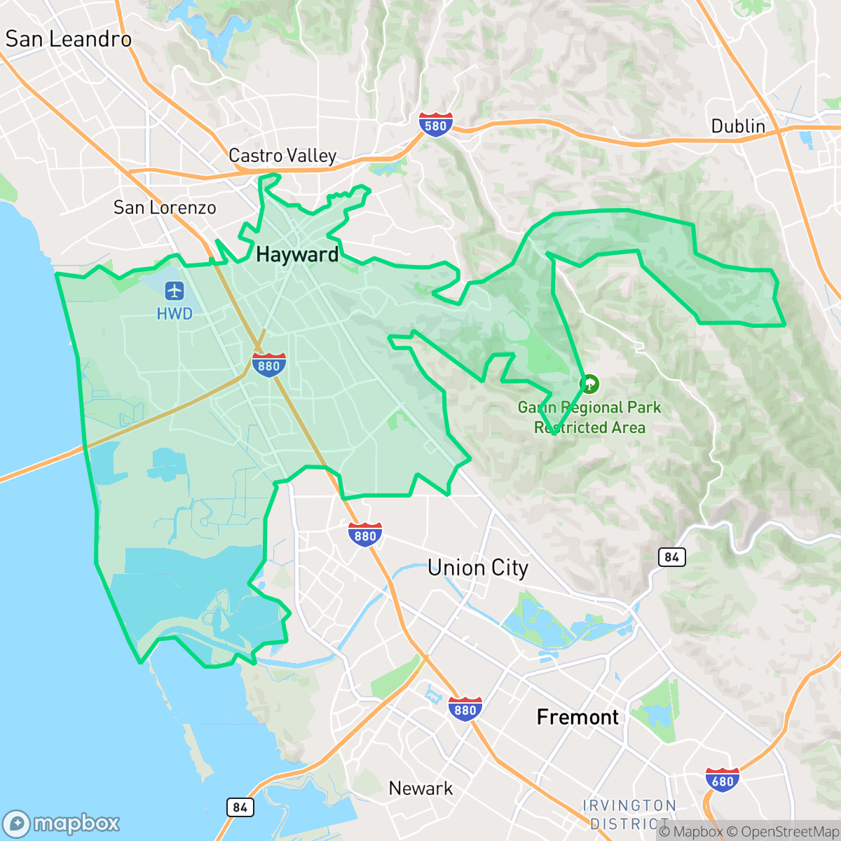 Map showing the location of Hayward, CA — coverage area