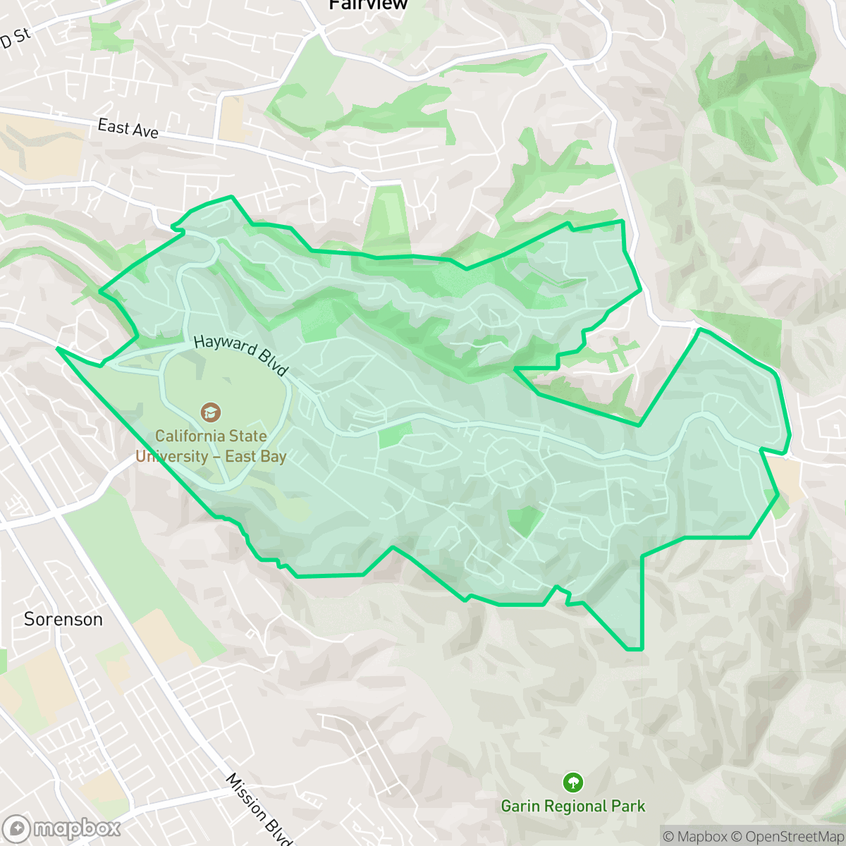 Map showing the location of Hayward Highland, Hayward, CA