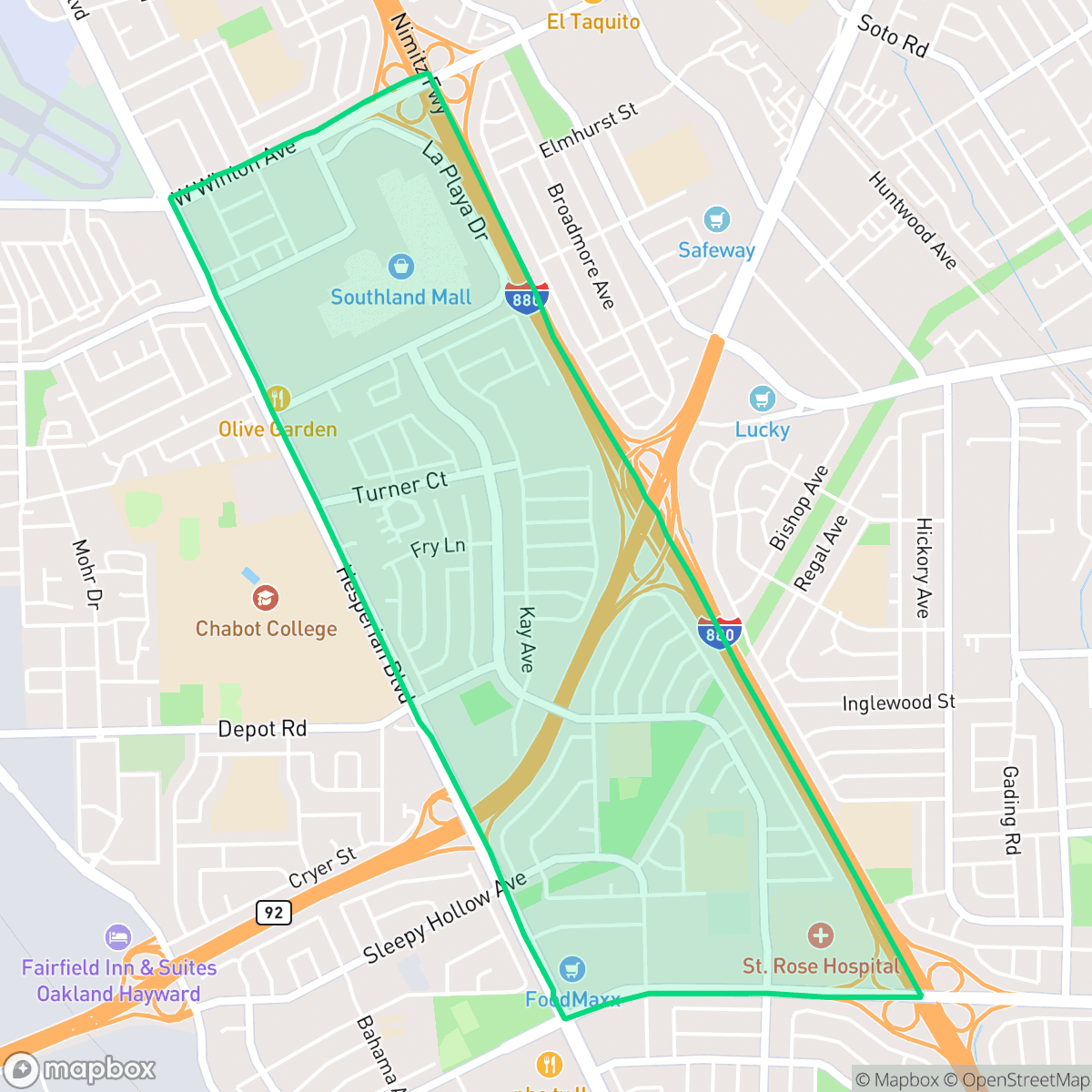 Map showing the location of Southgate, Hayward, CA