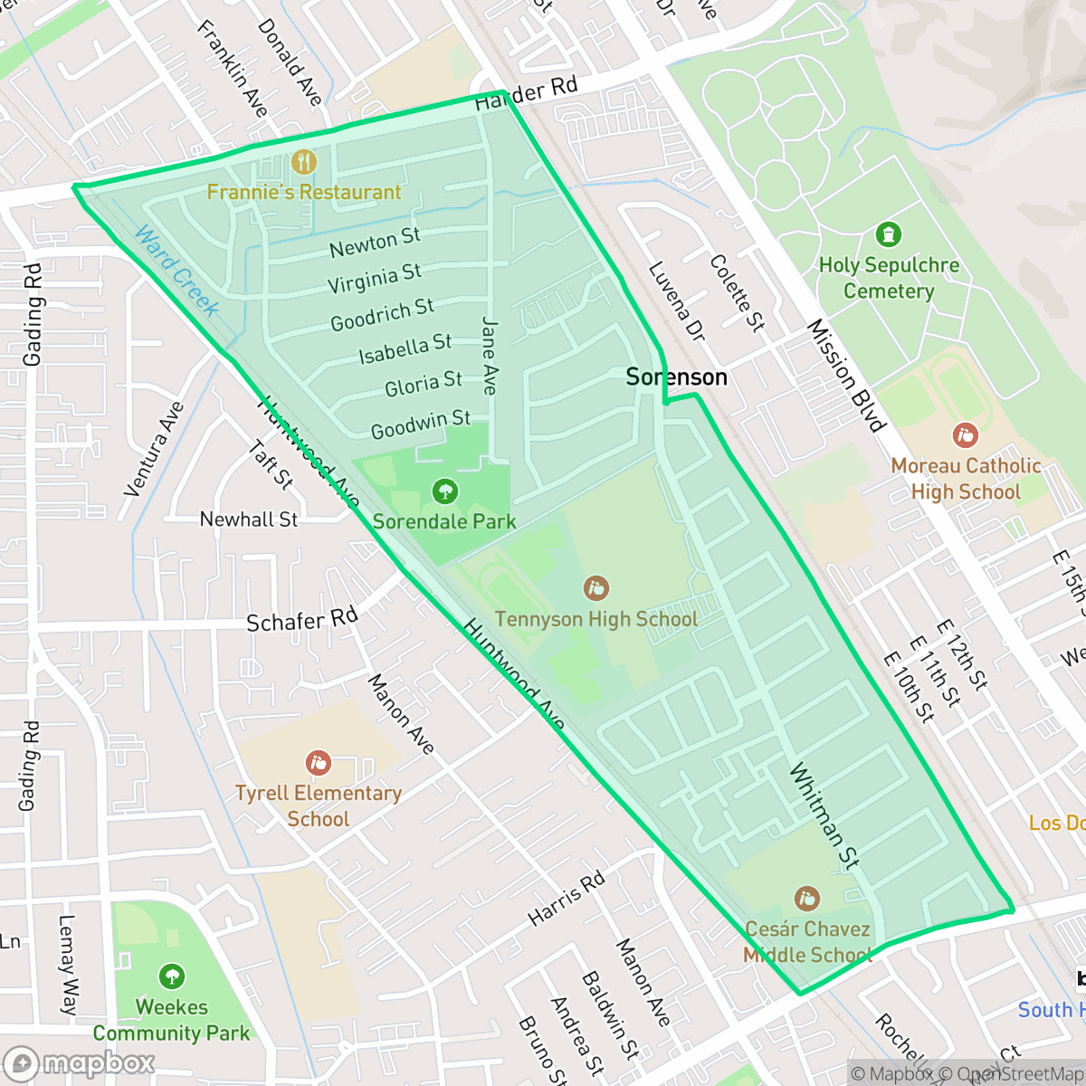 Map showing the location of Whitman-Mocine, Hayward, CA