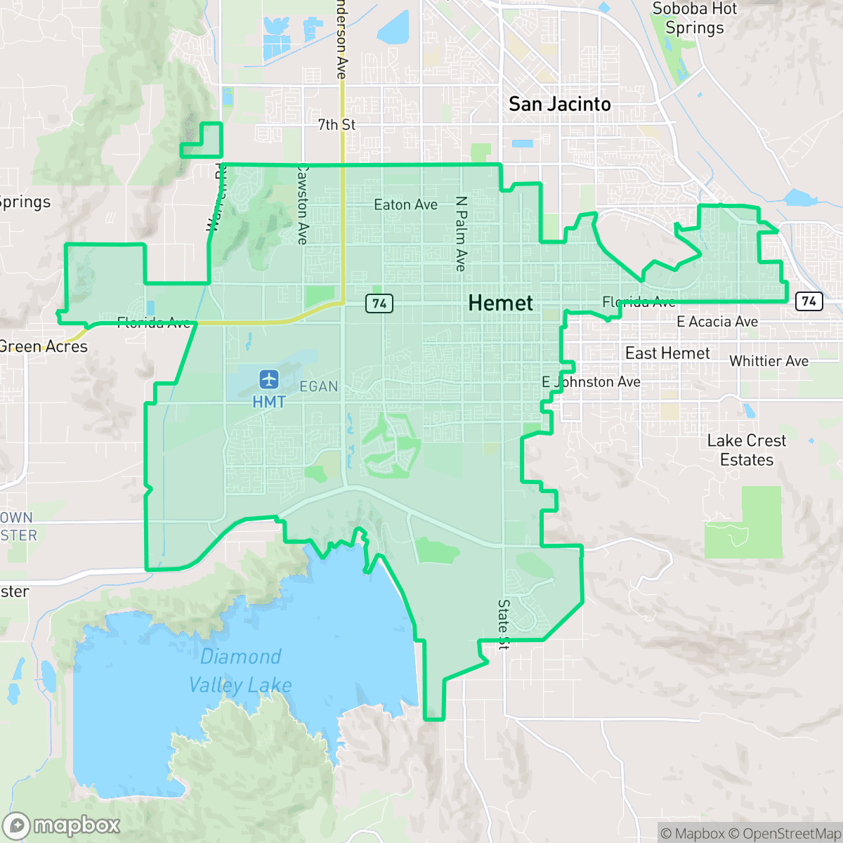 Map showing the location of Hemet, CA — coverage area