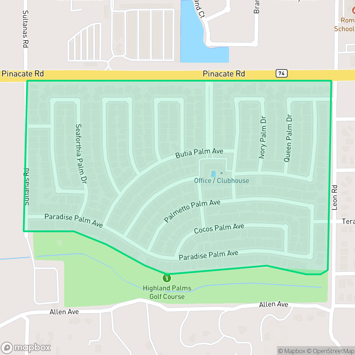 Map showing the location of Highland Palms Mobile Home Park, Homeland, CA