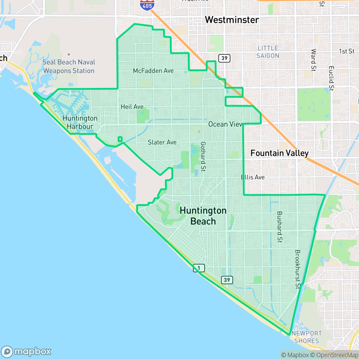 Map showing the location of Huntington Beach, CA — coverage area
