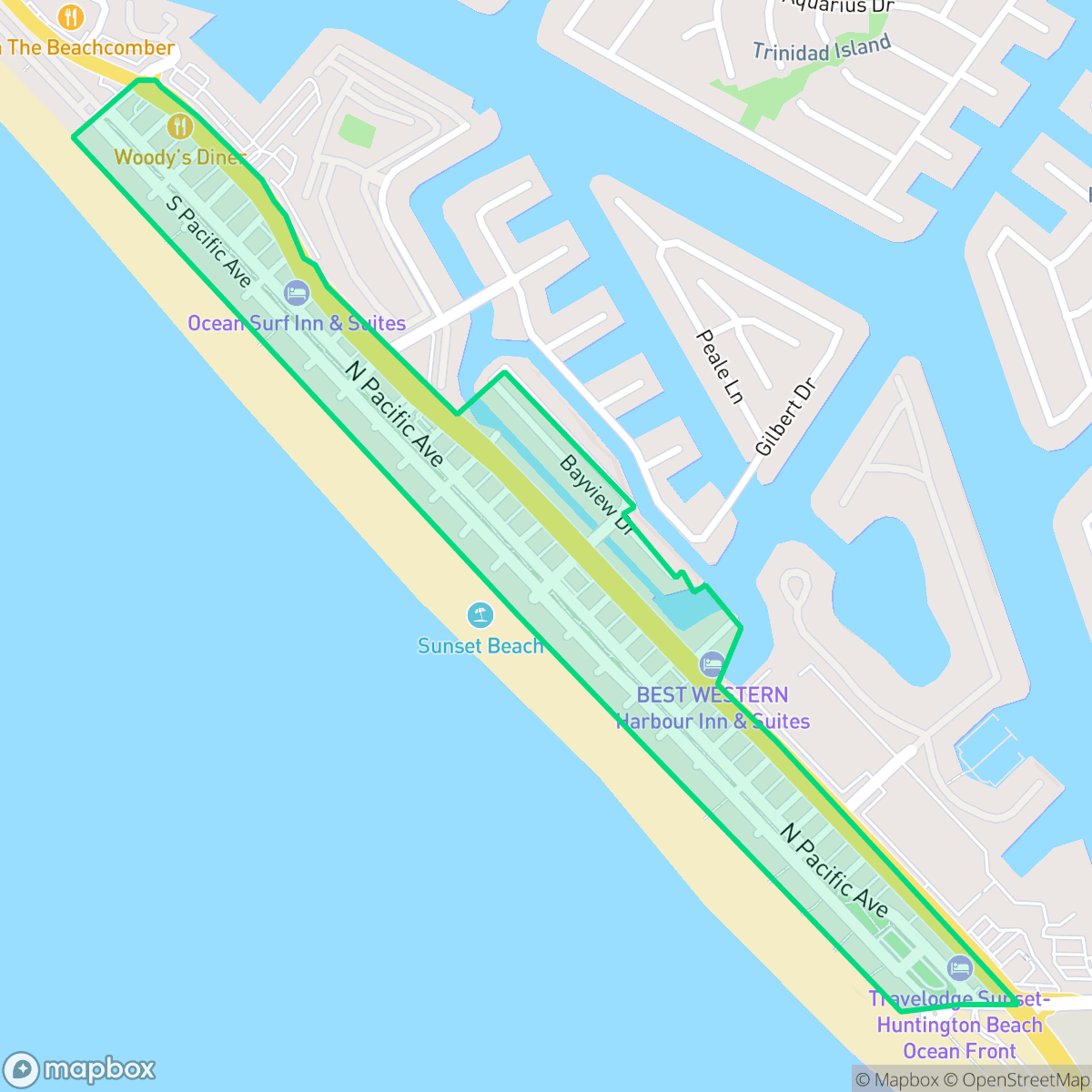 Map showing the location of Sunset Beach, Huntington Beach, CA