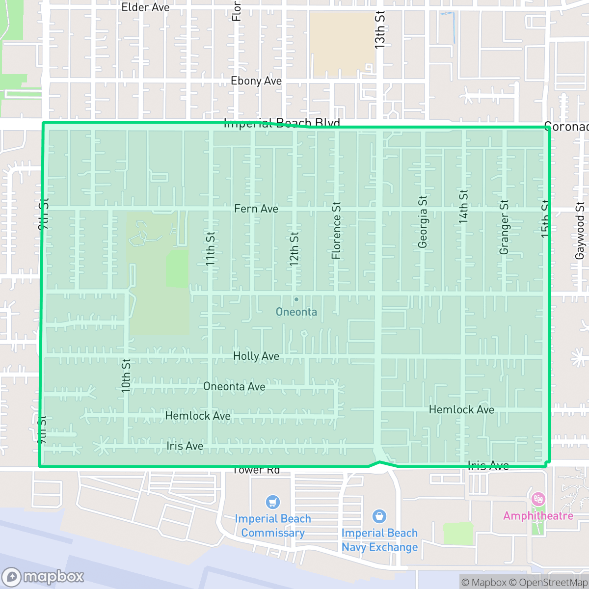 Map showing the location of Oneonta, Imperial Beach, CA