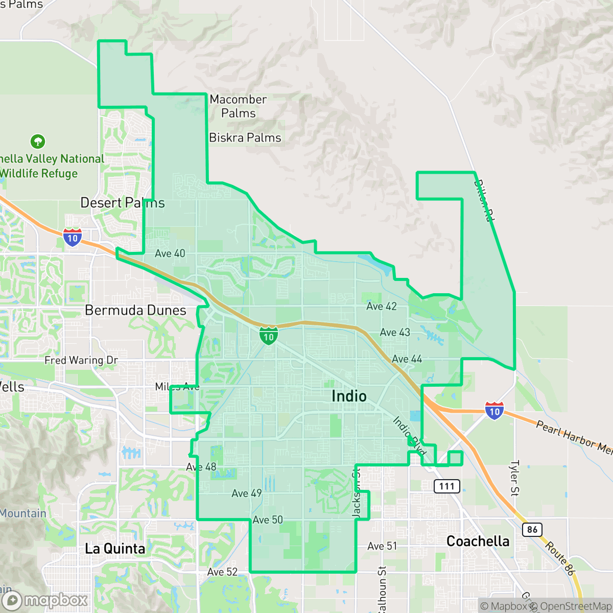 Map showing the location of Indio, CA — coverage area