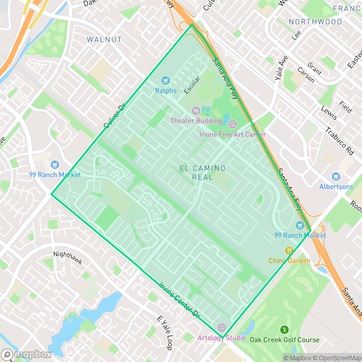 Map showing the location of El Camino Real, Irvine, CA