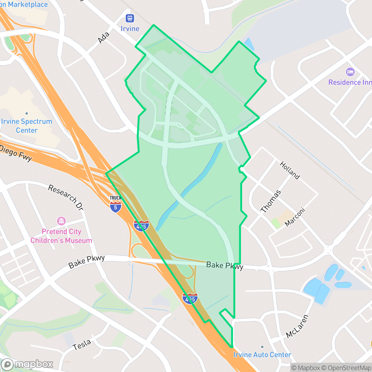 Map showing the location of Great Park, Irvine, CA