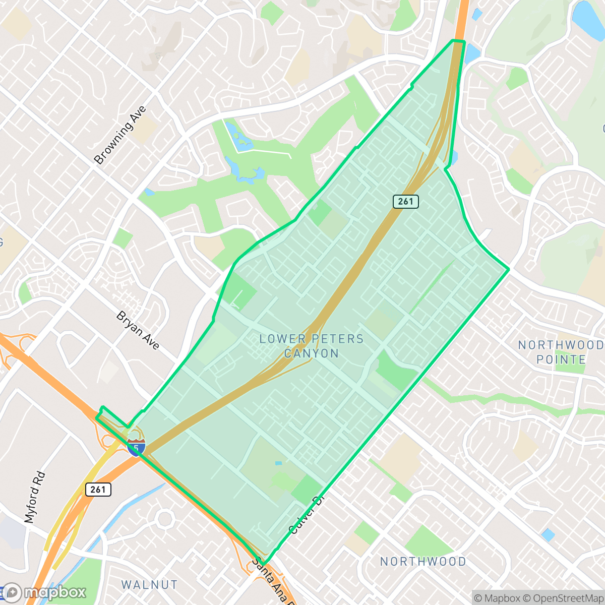 Map showing the location of Lower Peters Canyon, Irvine, CA