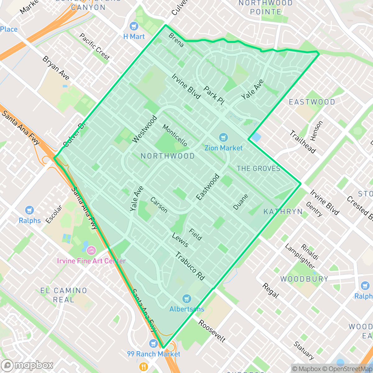 Map showing the location of Northwood, Irvine, CA