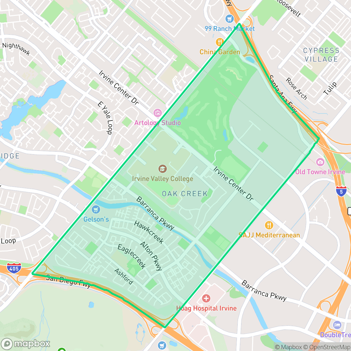 Map showing the location of Oak Creek, Irvine, CA