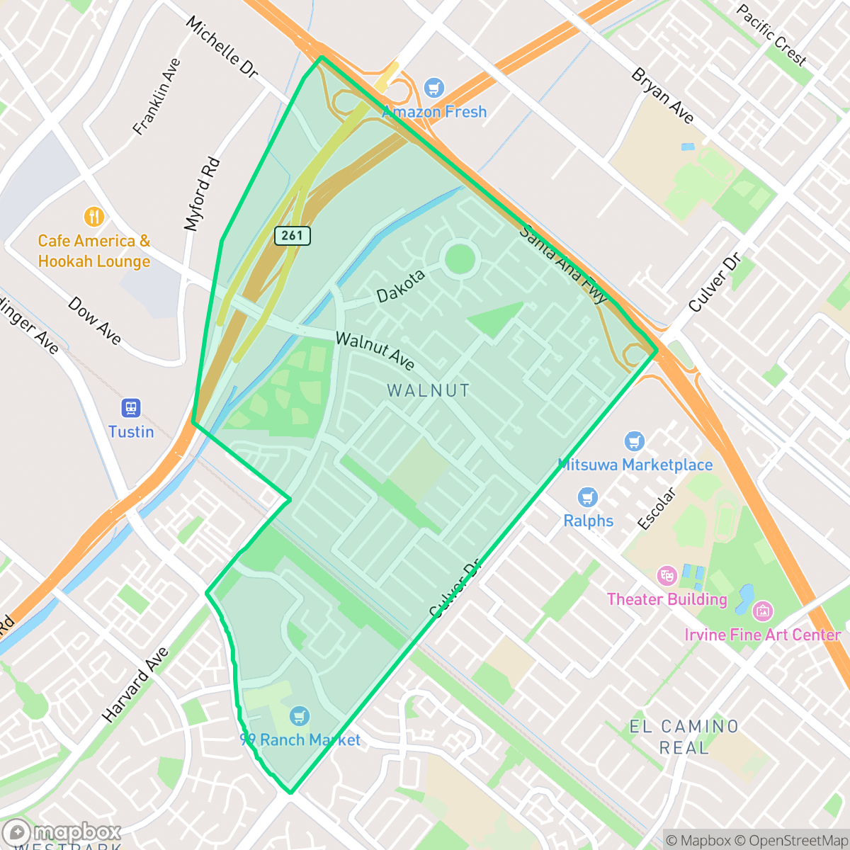 Map showing the location of Walnut Village, Irvine, CA