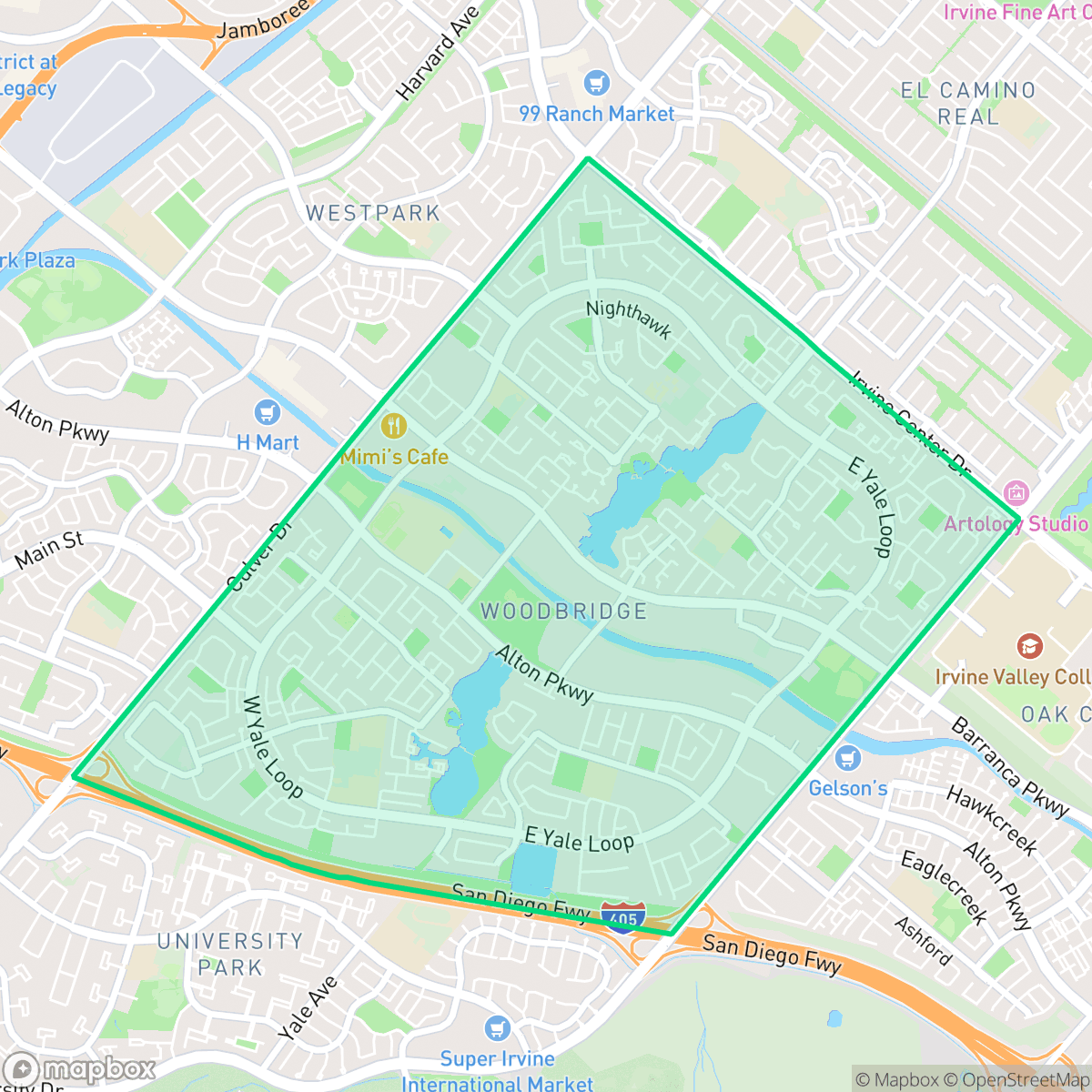 Map showing the location of Woodbridge, Irvine, CA