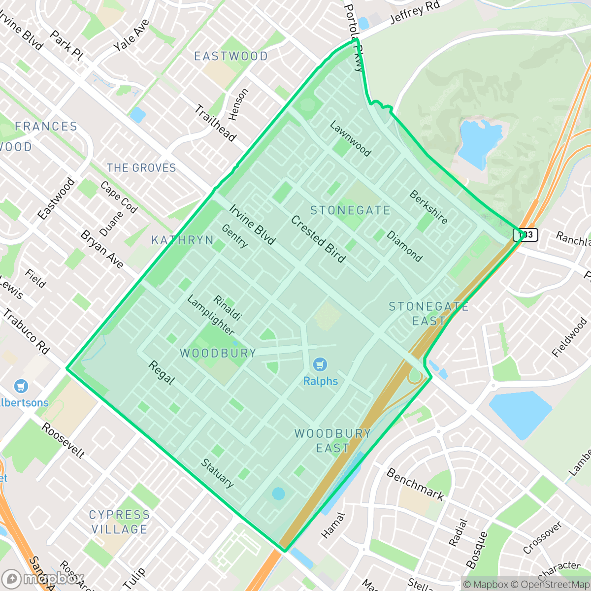 Map showing the location of Woodbury, Irvine, CA