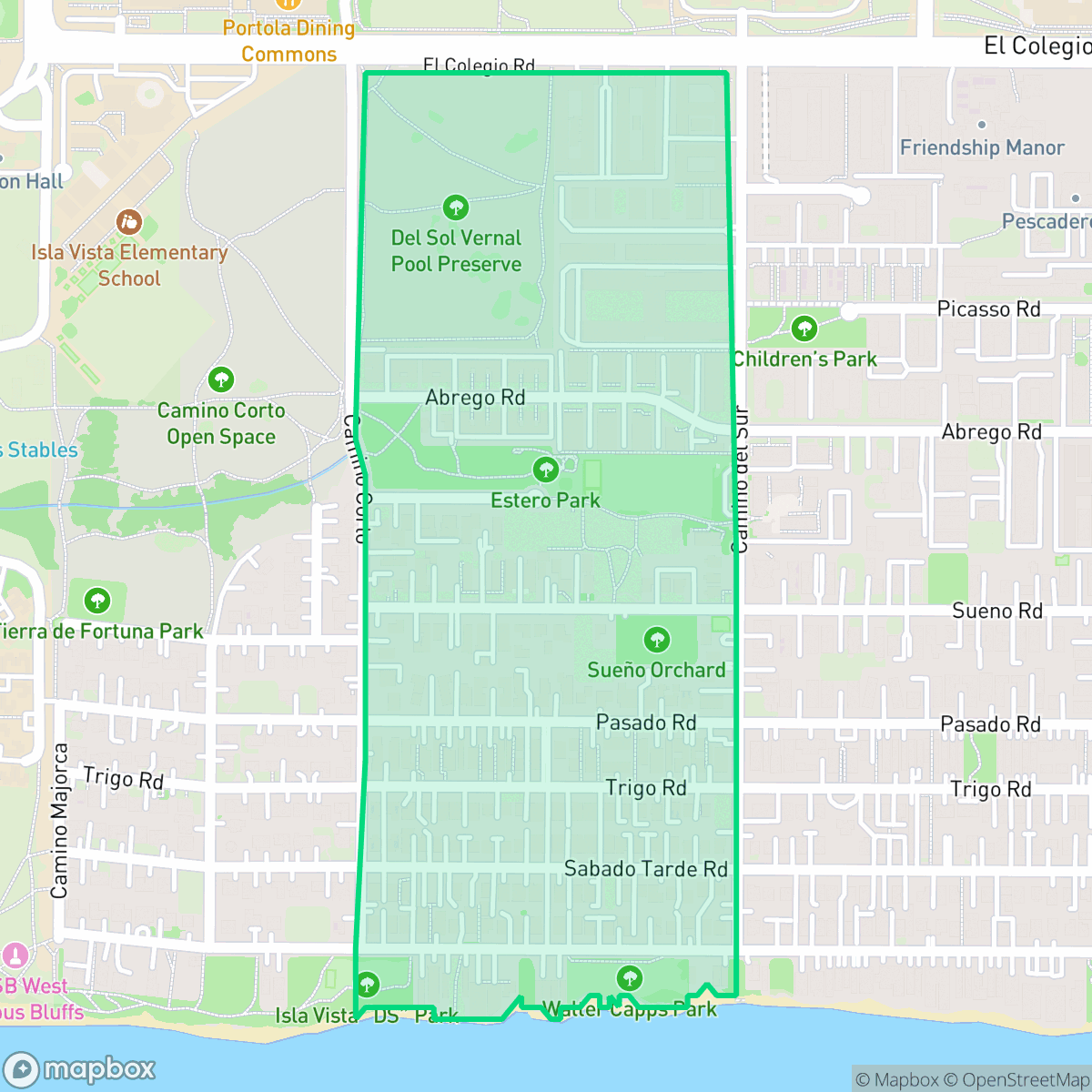 Map showing the location of 67 Block, Isla Vista, CA