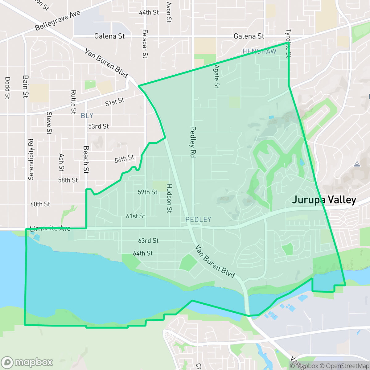 Map showing the location of Pedley, Jurupa Valley, CA