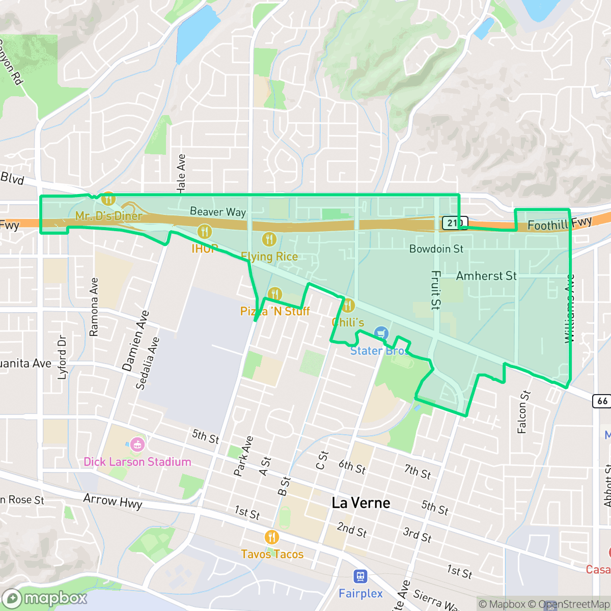 Map showing the location of Foothill Boulevard Corridor, La Verne, CA