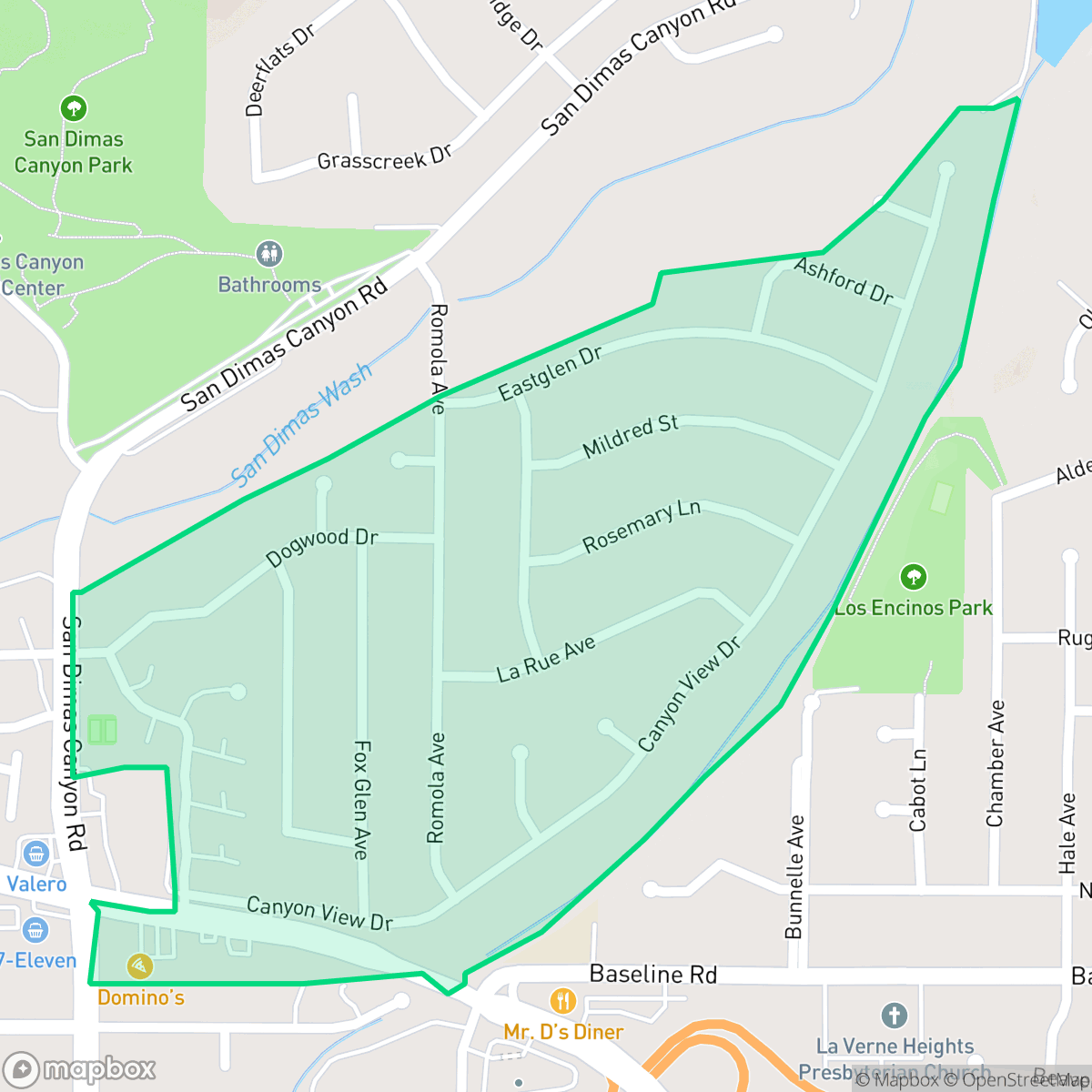Map showing the location of Foxglen, La Verne, CA