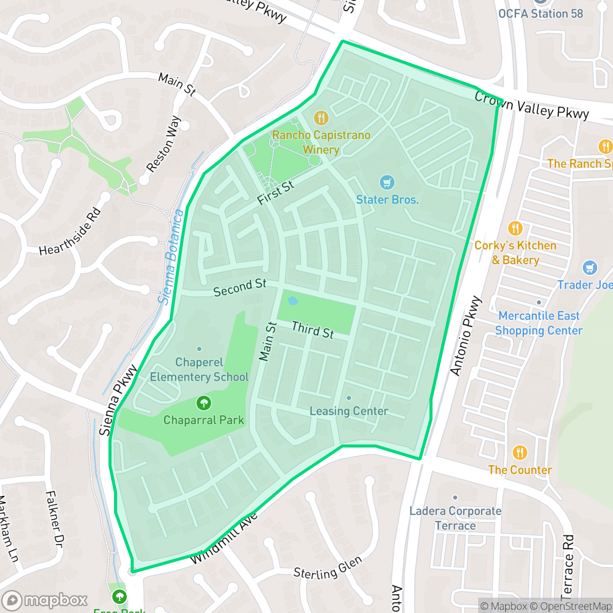 Map showing the location of Township Village, Ladera Ranch, CA
